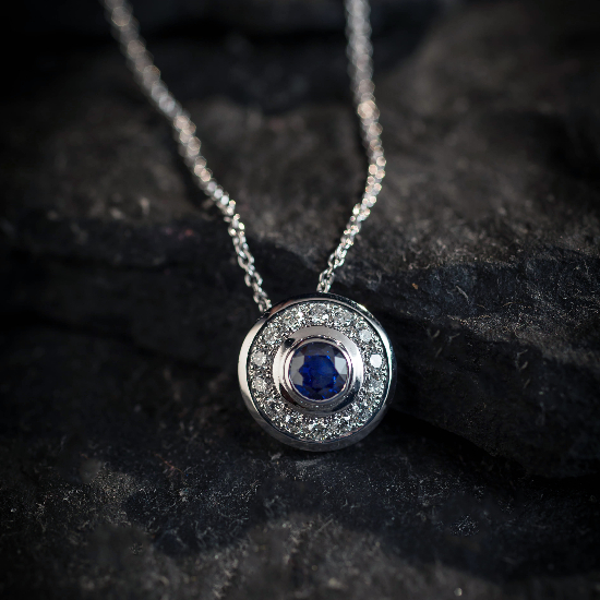 18ct White Gold Sapphire and Diamond Pendant by Bridge Jewellery