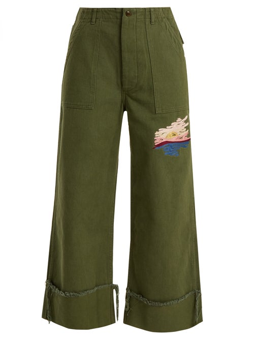 Bliss And Mischief Sunset Embroidered Cropped Cotton Drill Trousers OnceOff