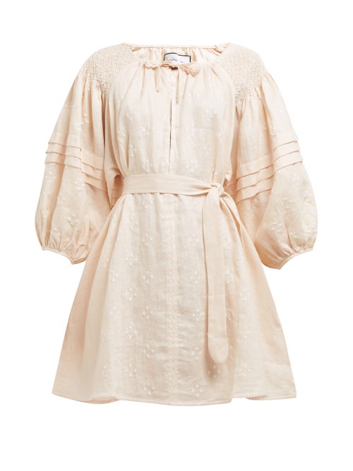 Innika Choo Dot Embroidered Puff Sleeve Linen Mini Dress OnceOff