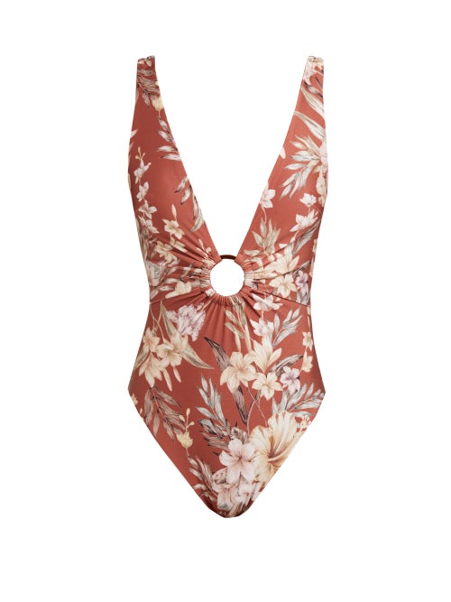 Zimmermann Wayfarer Plunge Front Floral Print Swimsuit OnceOff