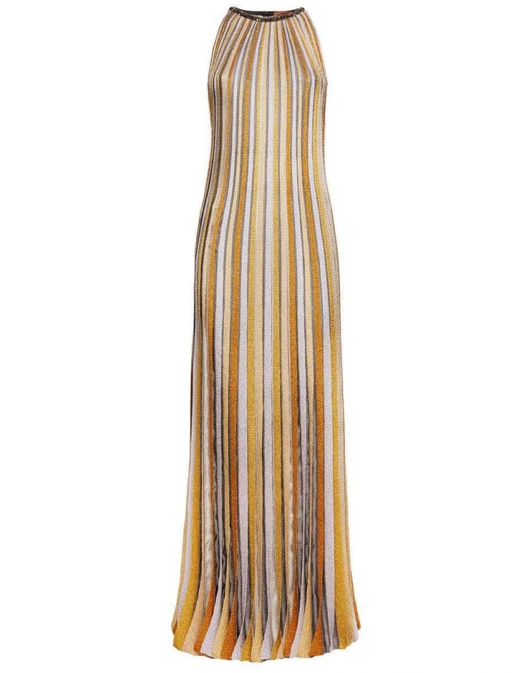 MISSONI Missoni sleeveless long knit dress in silver. 58% Rayon