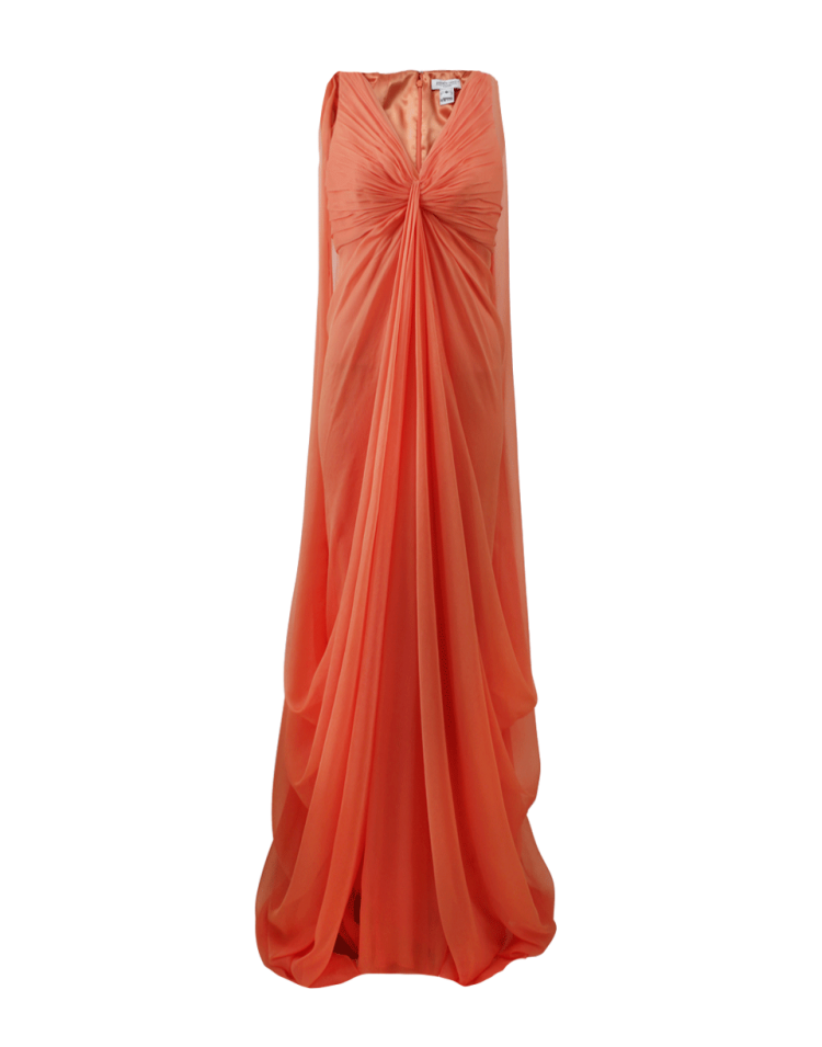 PAMELLA ROLAND Full Drape Chiffon Gown From Pamella Roland V-Neckline With Twist Ruch Front Detail And All-Over Drape Full Cape Back With Back Zip Closure